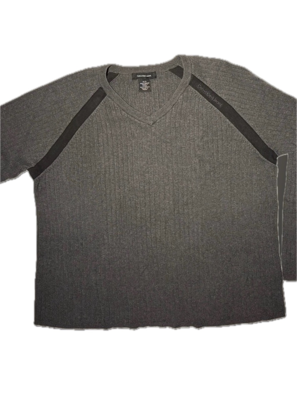 Calvin Klein Grey V Neck Ribbed Knit Sweater Mens XL Tape Accents Casual Office